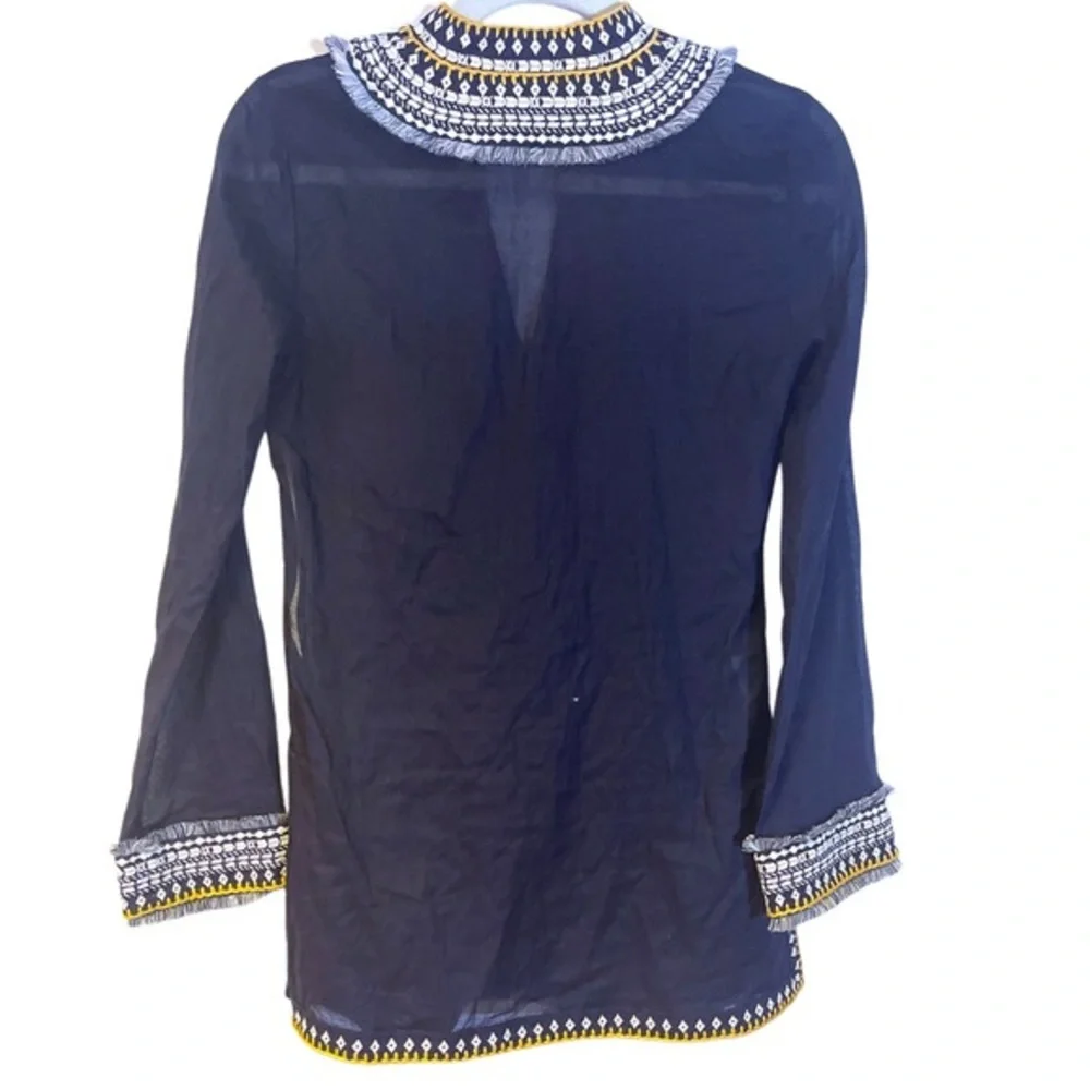 Tory Burch Embroidered Cotton Tunic top with Fringe in Navy‎ White Gold 0